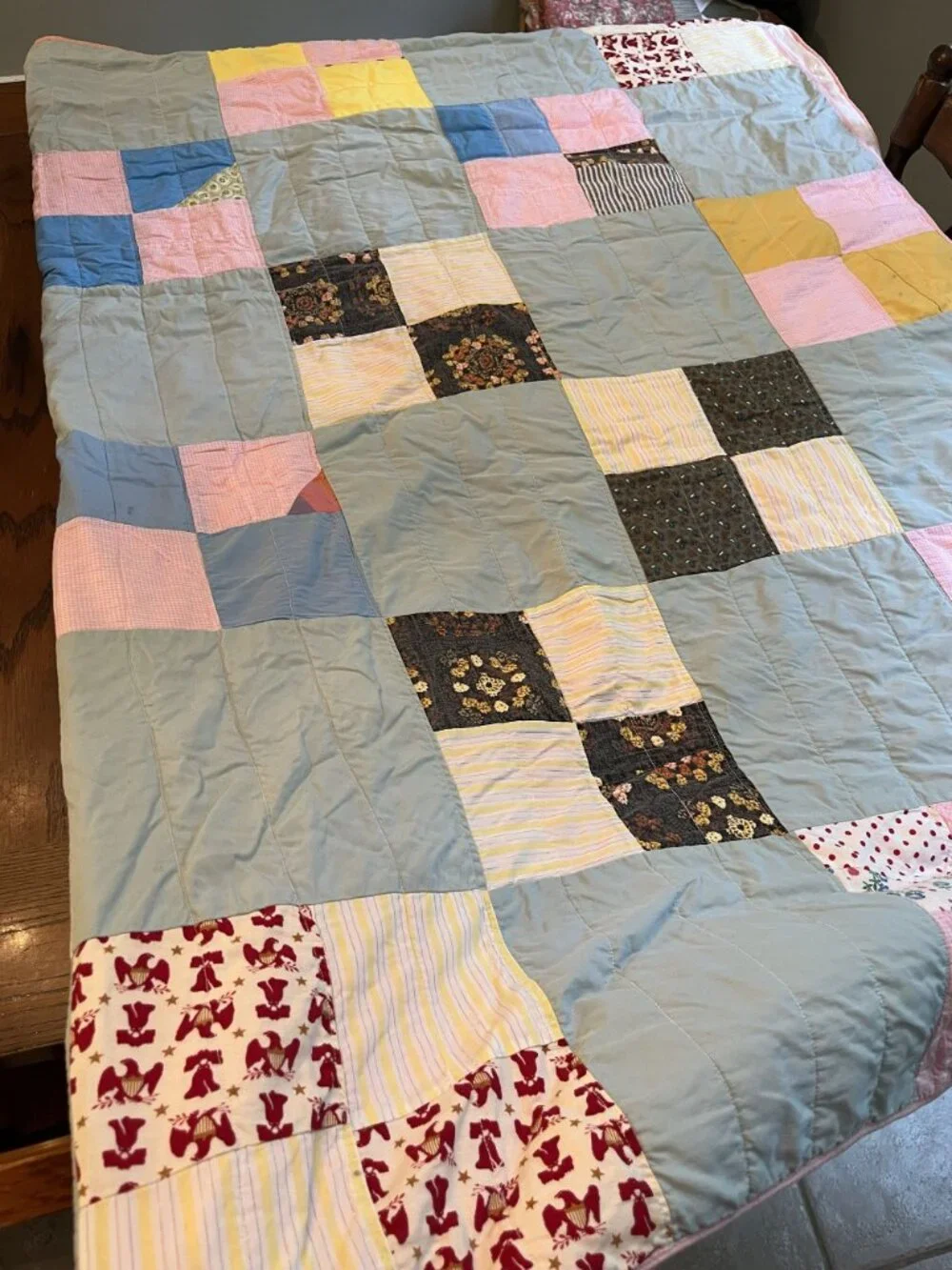 Handmade Vintage Patchwork Quilt With Multi-Color Squares & Pink Trim